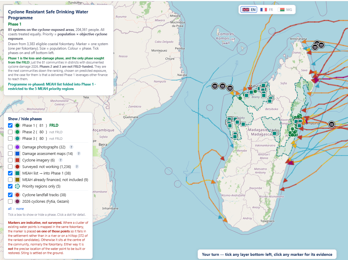 Interactive site-selection map for the Cyclone Resistant Safe Drinking Water Programme
